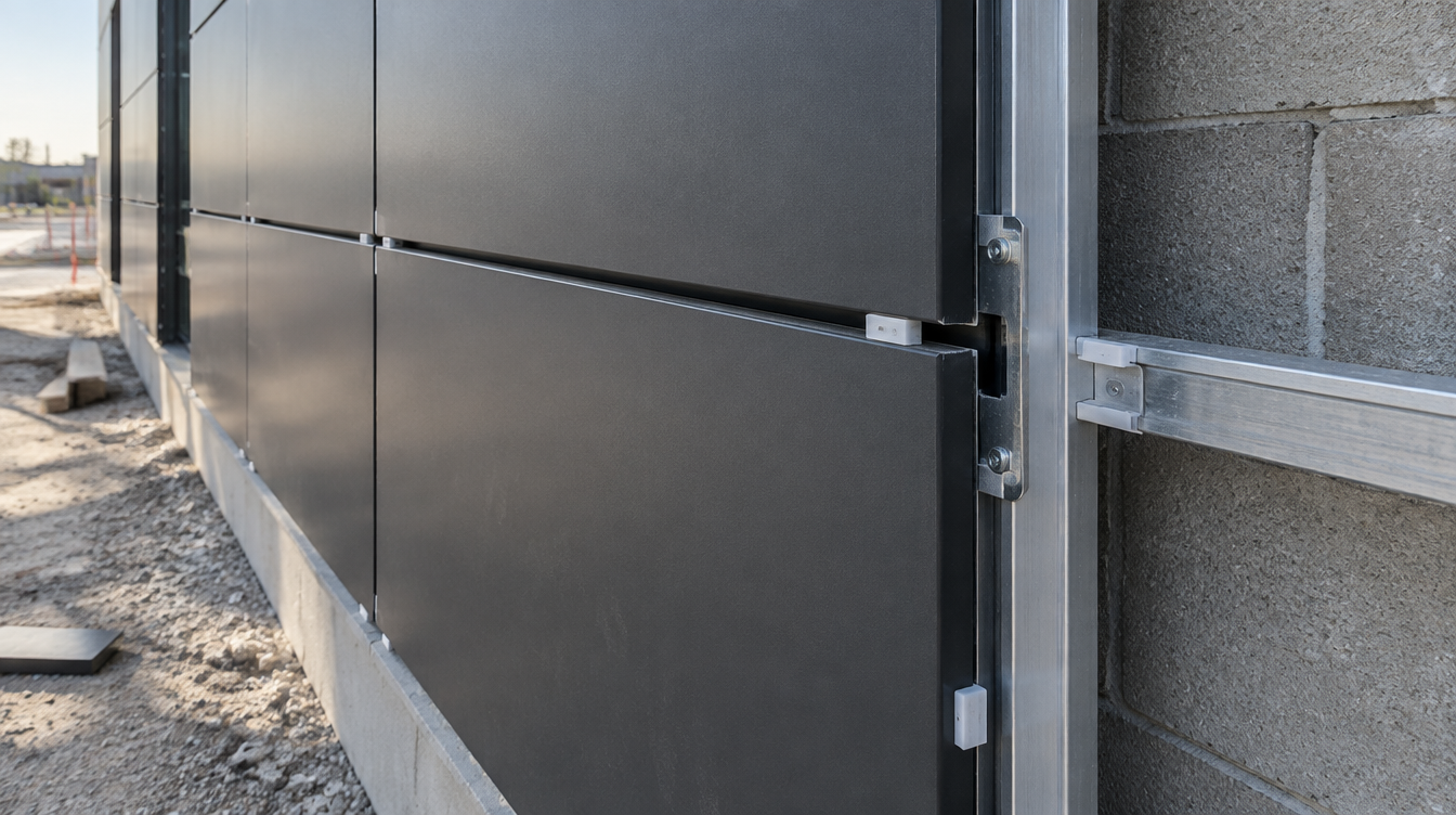 ACP panels being installed on commercial building — reveal joint spacers visible