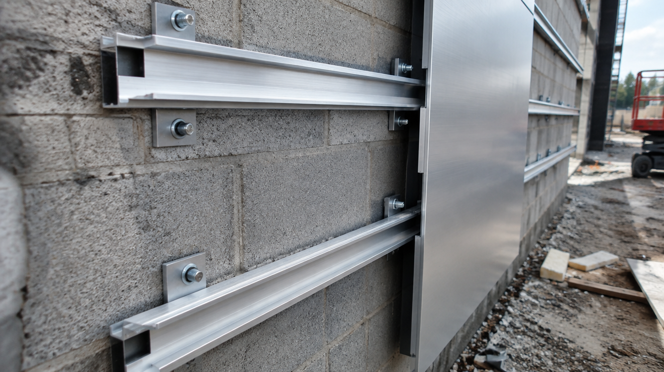 ACP subframe installation on commercial building exterior — aluminum Z-rail system